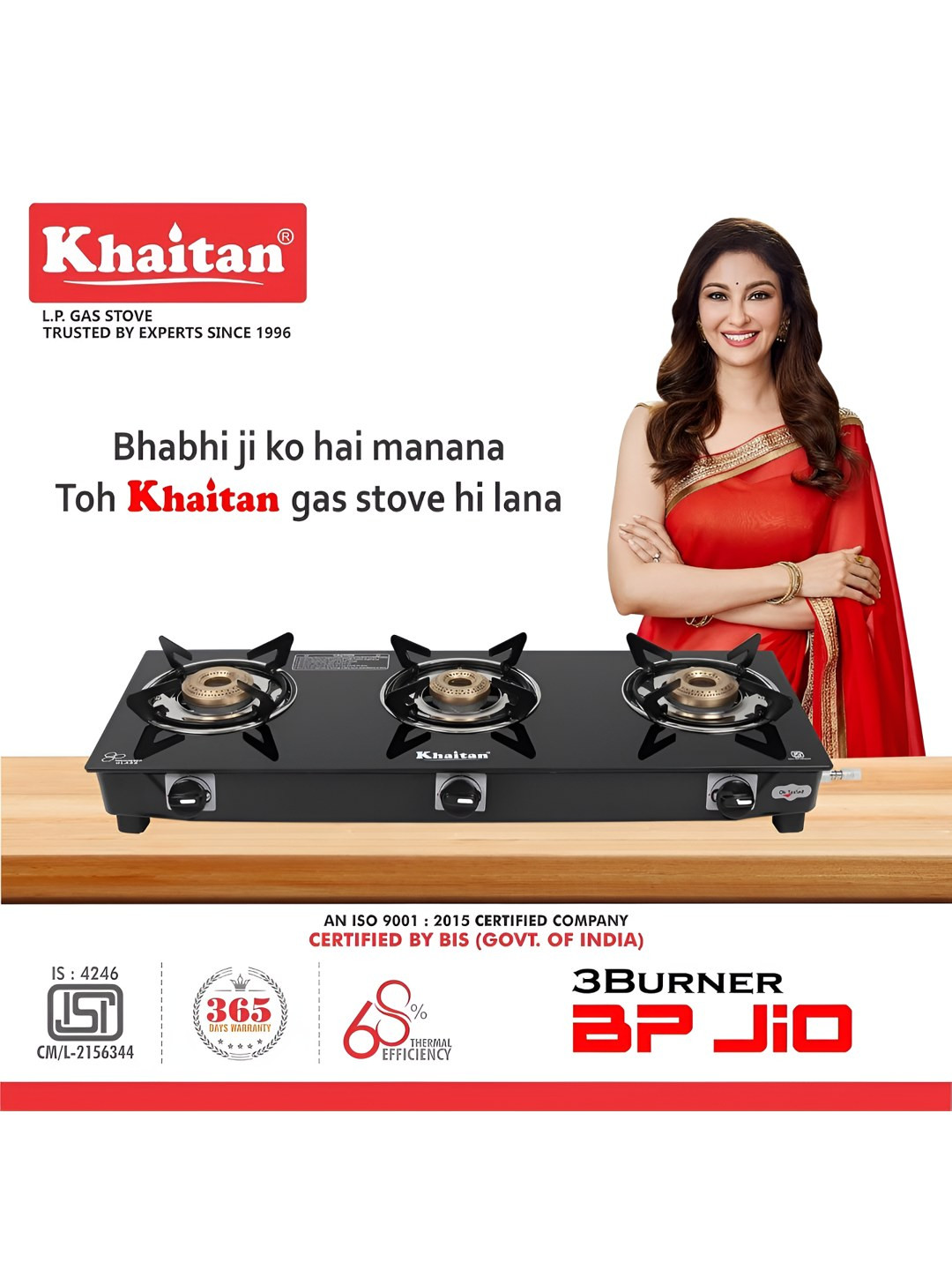 Khaitan Black Glass 3 Burners Automatic LPG Gas Stove
