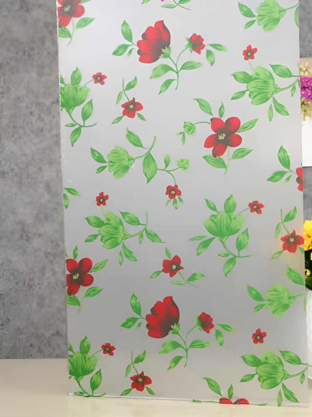 INDIAN ROYALS Red & Green Flower With Green Leaves  Printed Self-Adhesive Window Sticker