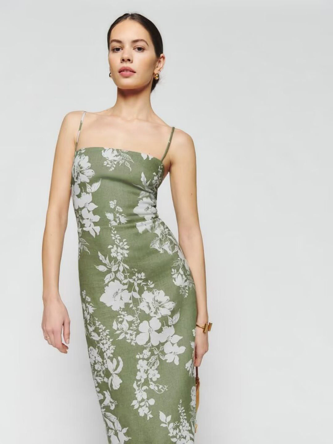 bebe Floral Print Spaghetti Strap Sheath Maxi Dress with Back Slit