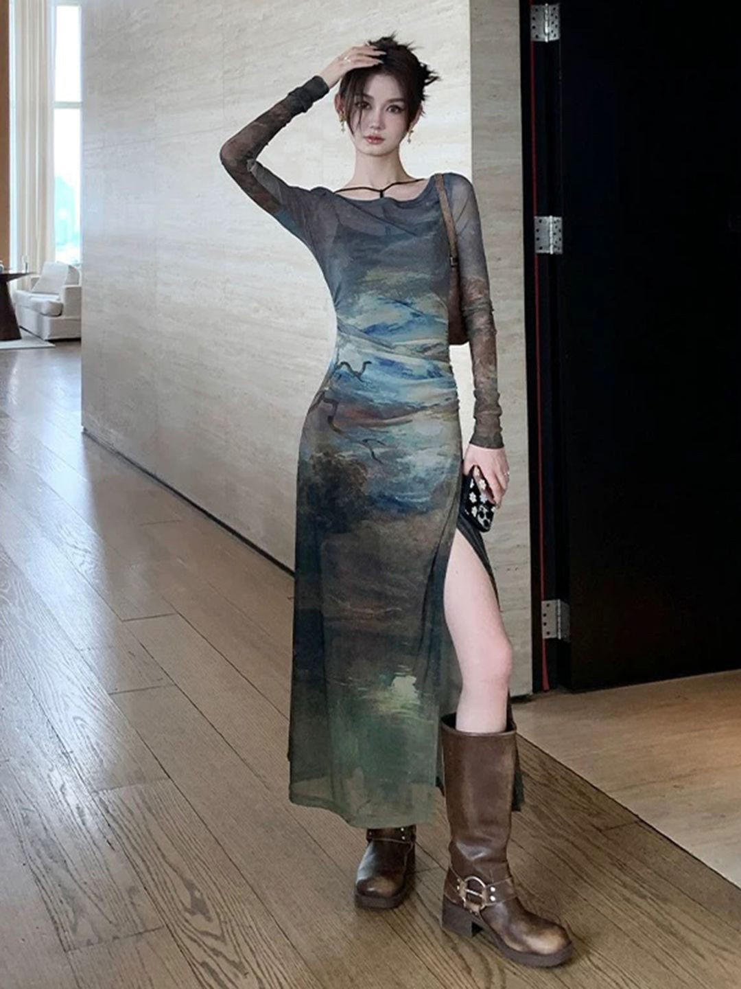 bebe Abstract Print Mesh Long Sleeve Bodycon Maxi Dress with High Slit