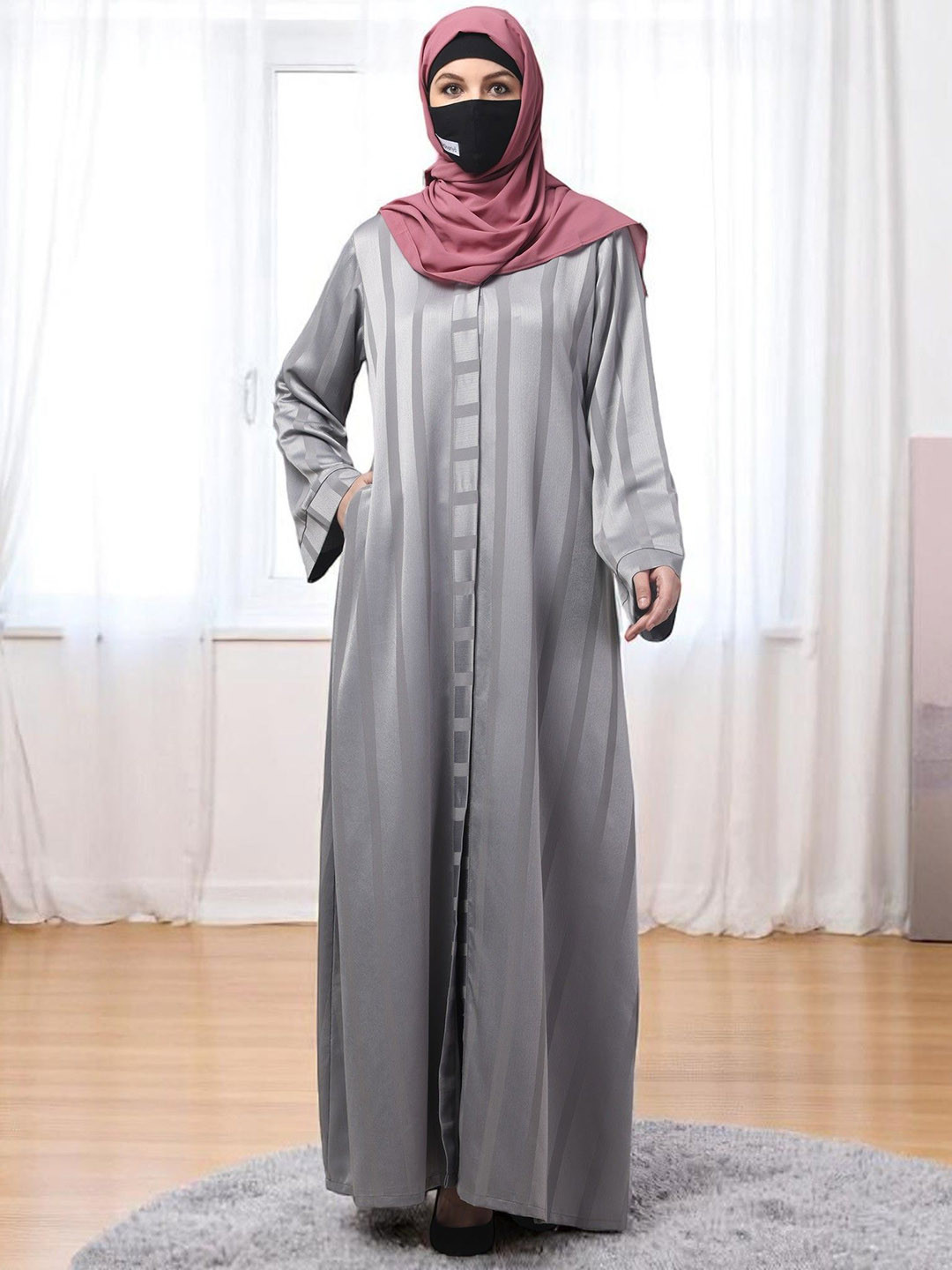 BASHARIYA Self Stripes Front Open Abaya Burqas