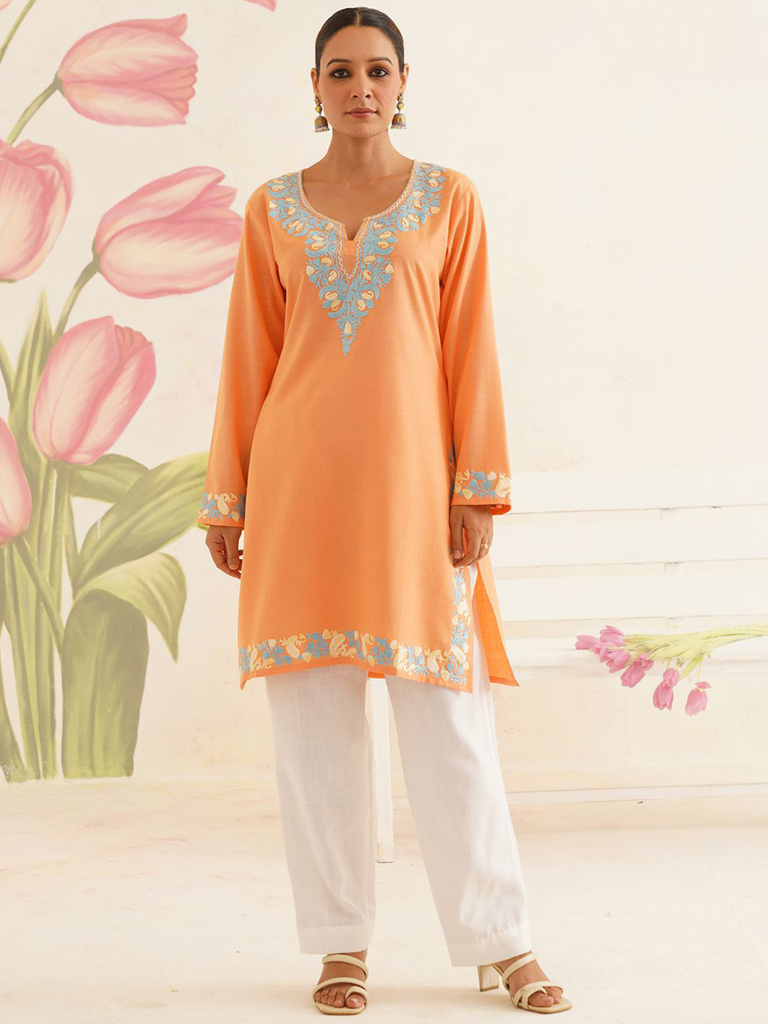 Kashmir Box Kashmiri Aari Embroidery Peach Cotton Co-Ord Set