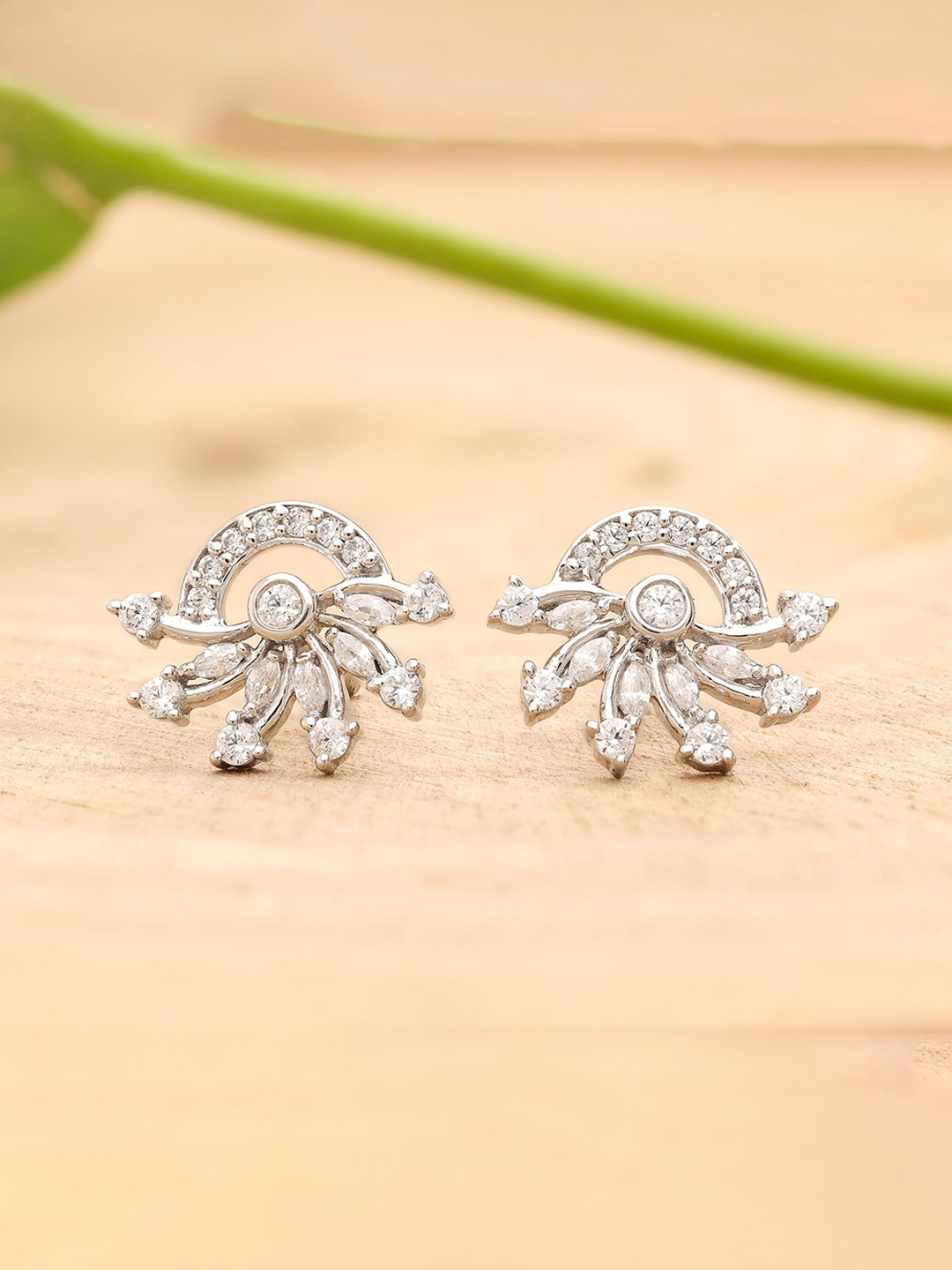 AMONROO 92.5 Silver Art Deco Fan Cubic Zirconia Studs Earrings