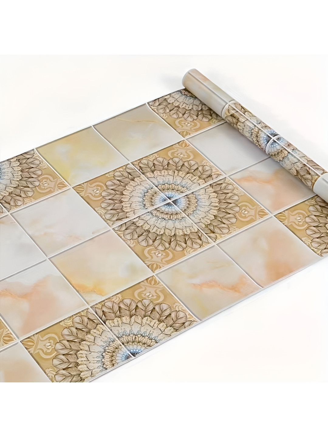 INDIAN ROYALS Gold & White Printed Square Mabel Tile Design Waterproof Wallpaper