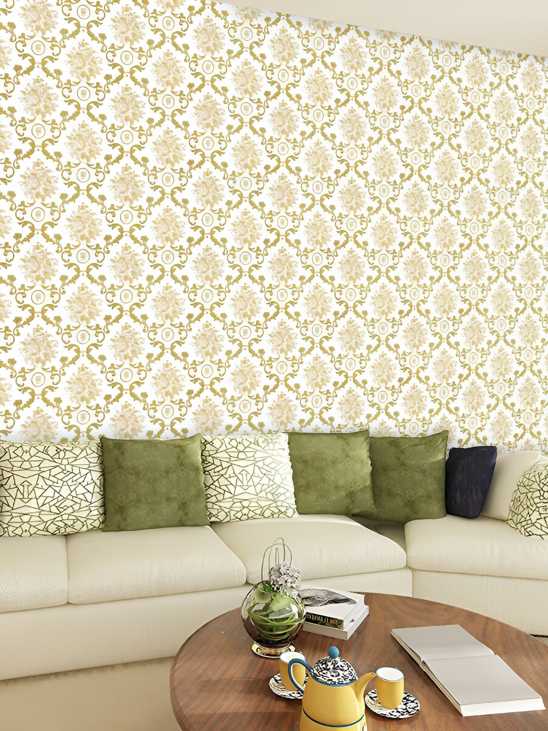 INDIAN ROYALS Yellow & White Damask Wallpaper Printed Self-Adhesive & Durable Wall Sticker