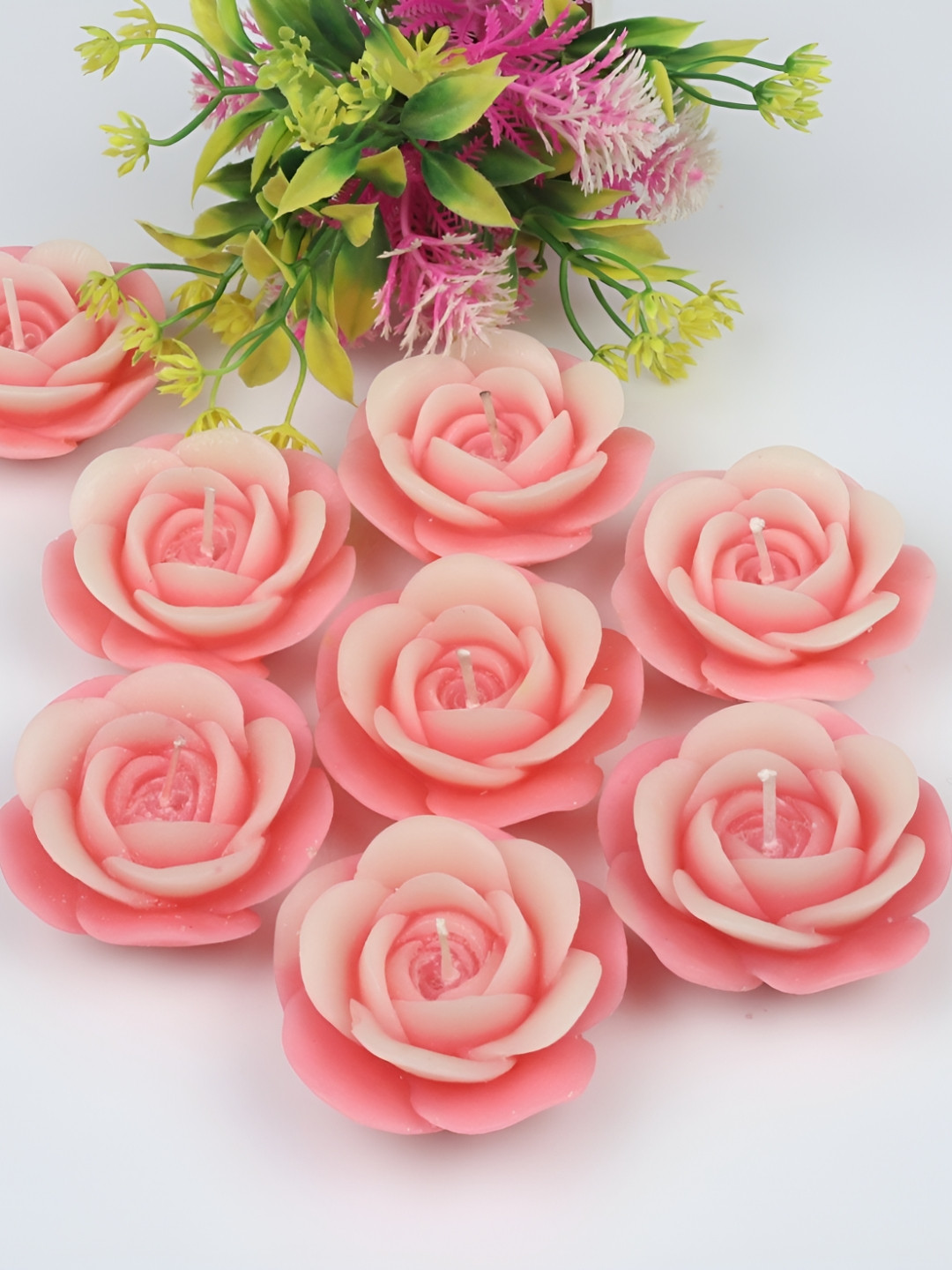 Shraddha Creation Two Tone Floating Rose, Pink Color Home Decor 8Pcs Scented Solid Candles