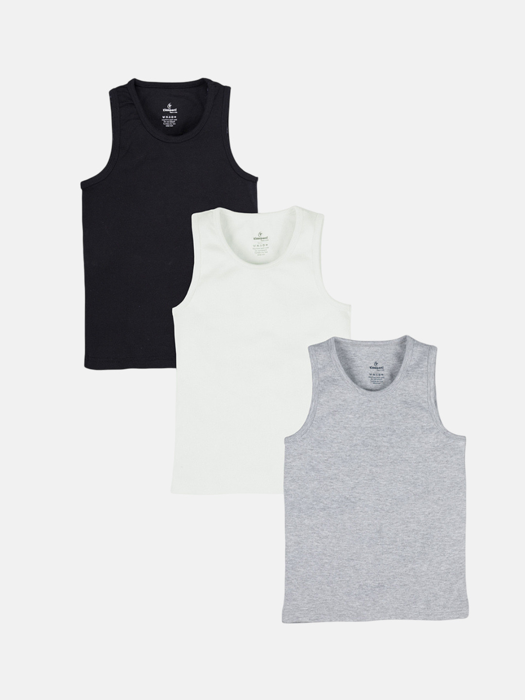 KiddoPanti Boys Pack Of 3 Cotton Undershirt Vests SS25BVT005-Black/ Grey Melange/ White