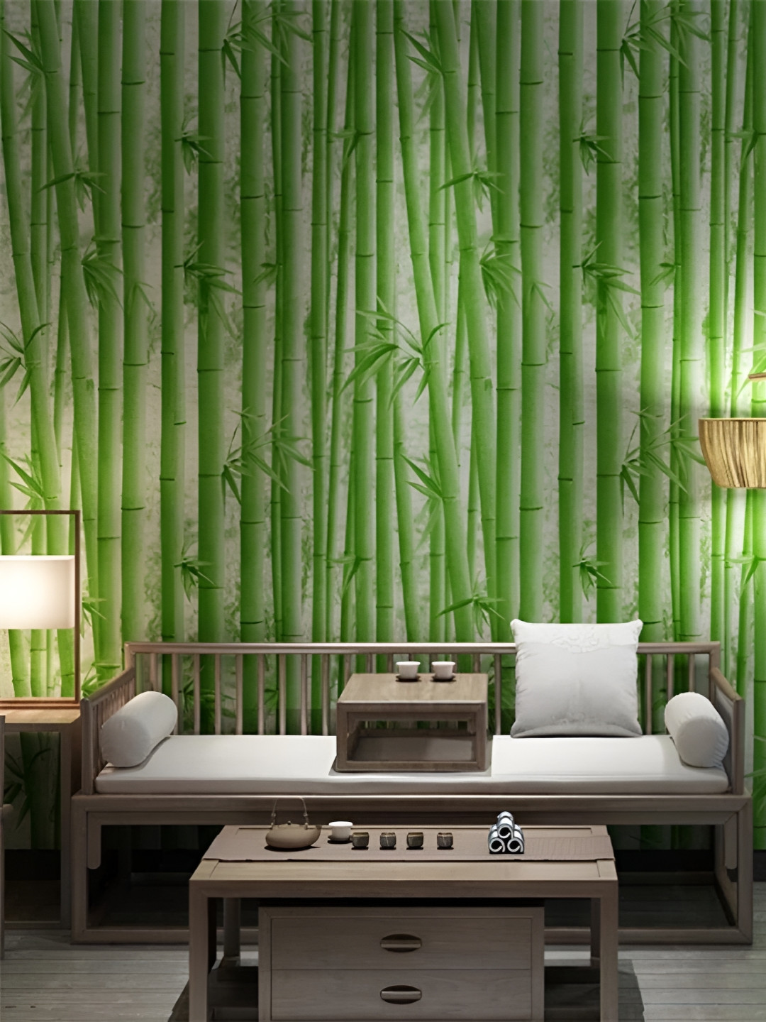 INDIAN ROYALS Green & White Printed Bamboo Design Home Dcor Waterproof Wallpaper