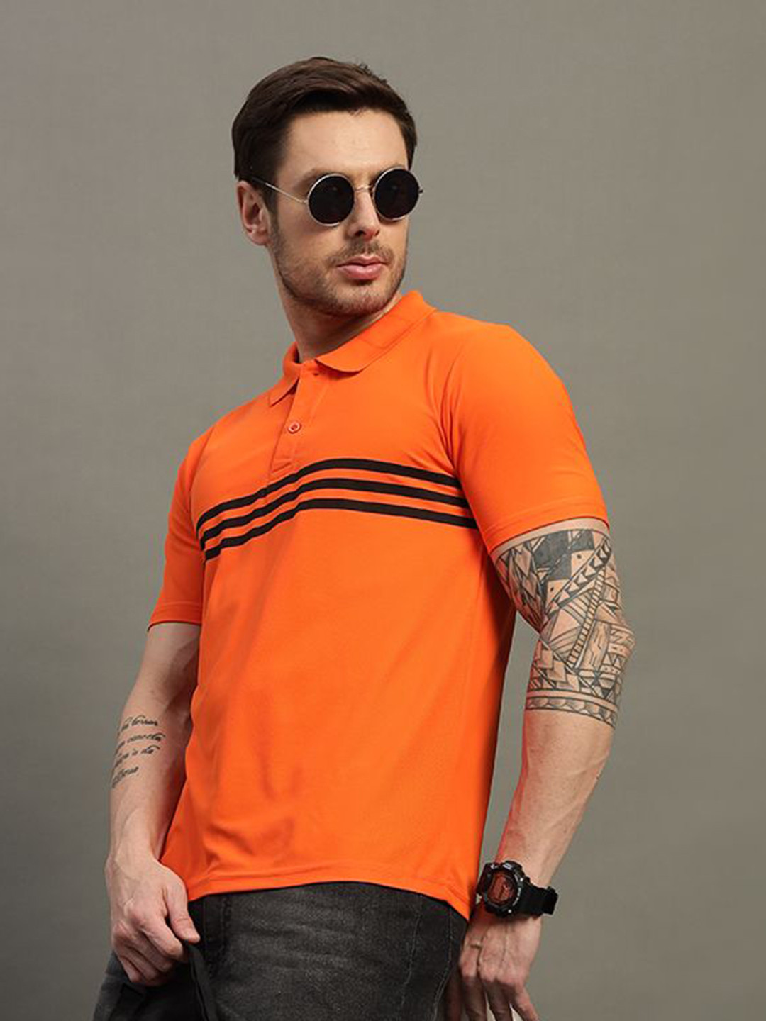 TIMBER HITCH Striped Short Sleeves Polo Collar Cotton T-shirt