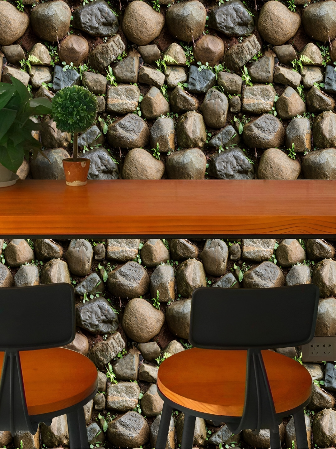 INDIAN ROYALS Brown Nature Stones With Leaves Printed Self-Adhesive & Durable Wall Sticker
