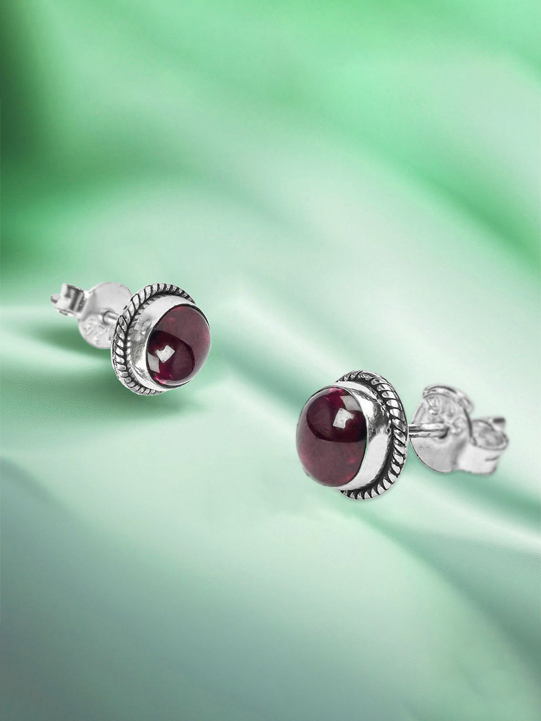 Meadows 925 Sterling Silver-Plated Garnet Stone Circular Shape Studs Earrings