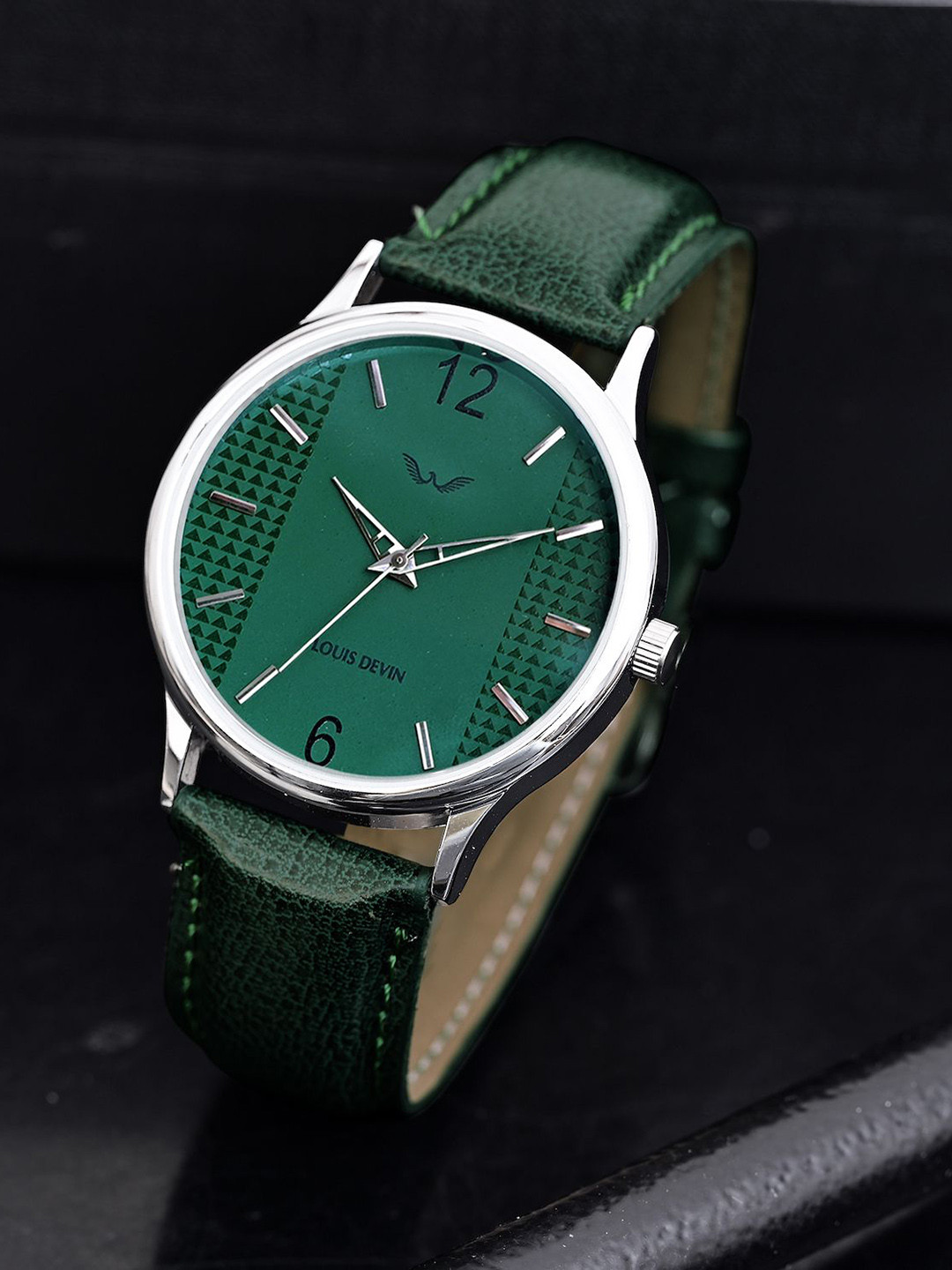 LOUIS DEVIN Men Green Brass Dial & Faux Leather Strap Analogue Wrist Watch