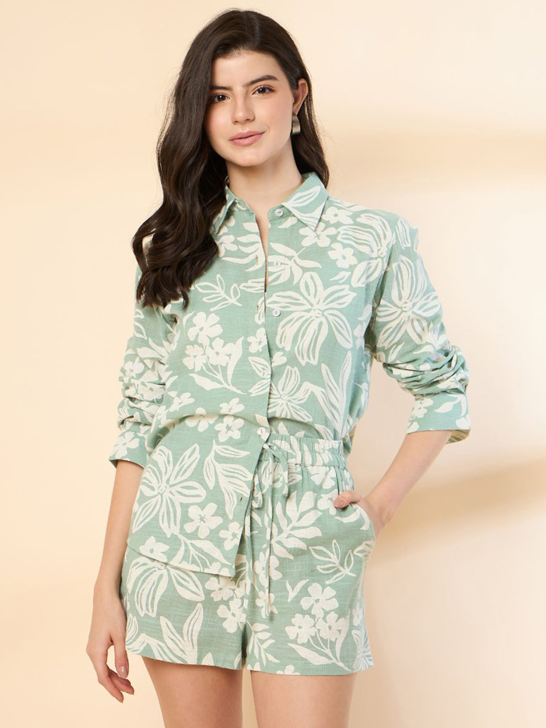 Kiarabel Retail Printed Shirt Collar Shirt With Short Co-Ords