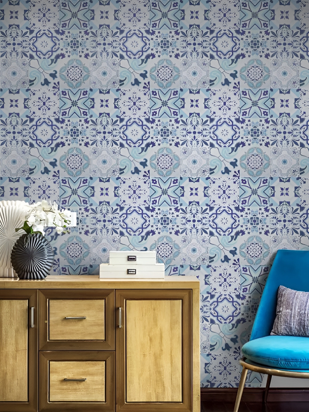 INDIAN ROYALS Blue & White Mosaic Tile Design Self-Adhesive Wallpaper
