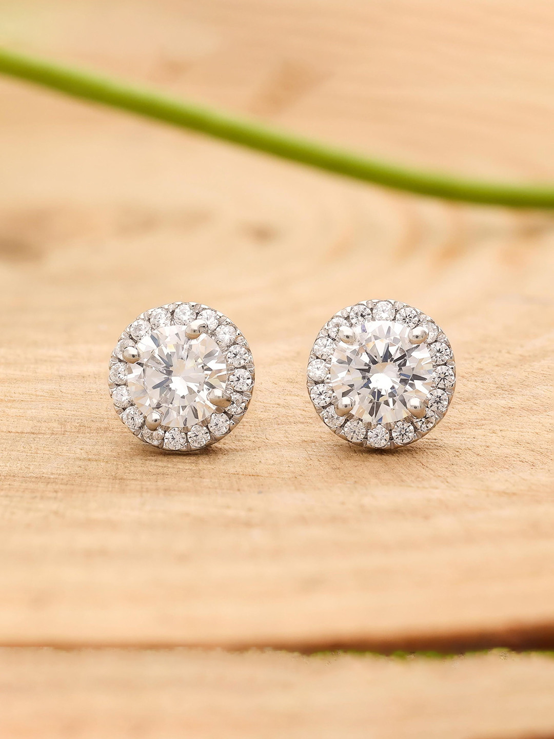 AMONROO 92.5 Silver Halo Style Cubic Zirconia Contemporary Studs Earrings