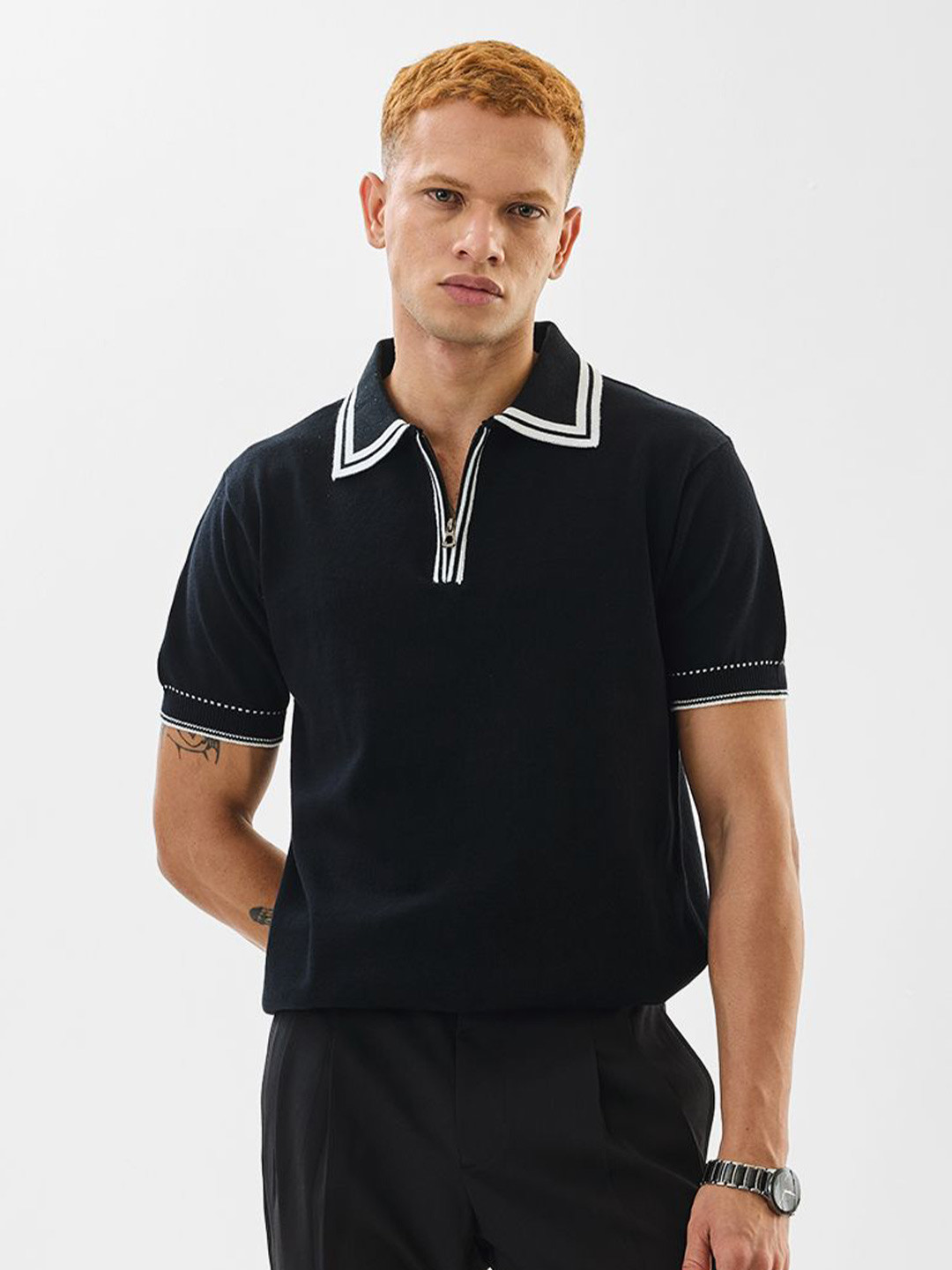 Snitch Black Polo Collar Slim Fit Cotton T-shirt