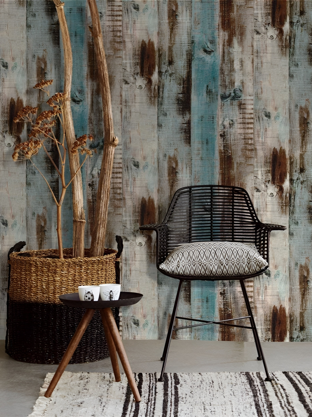 INDIAN ROYALS Brown & Blue Wood Strip Printed Self-Adhesive & Durable Wall Sticker