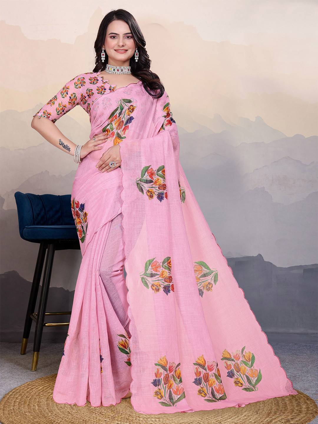 Sadika Floral Printed Aari Cut Lace Border Saree