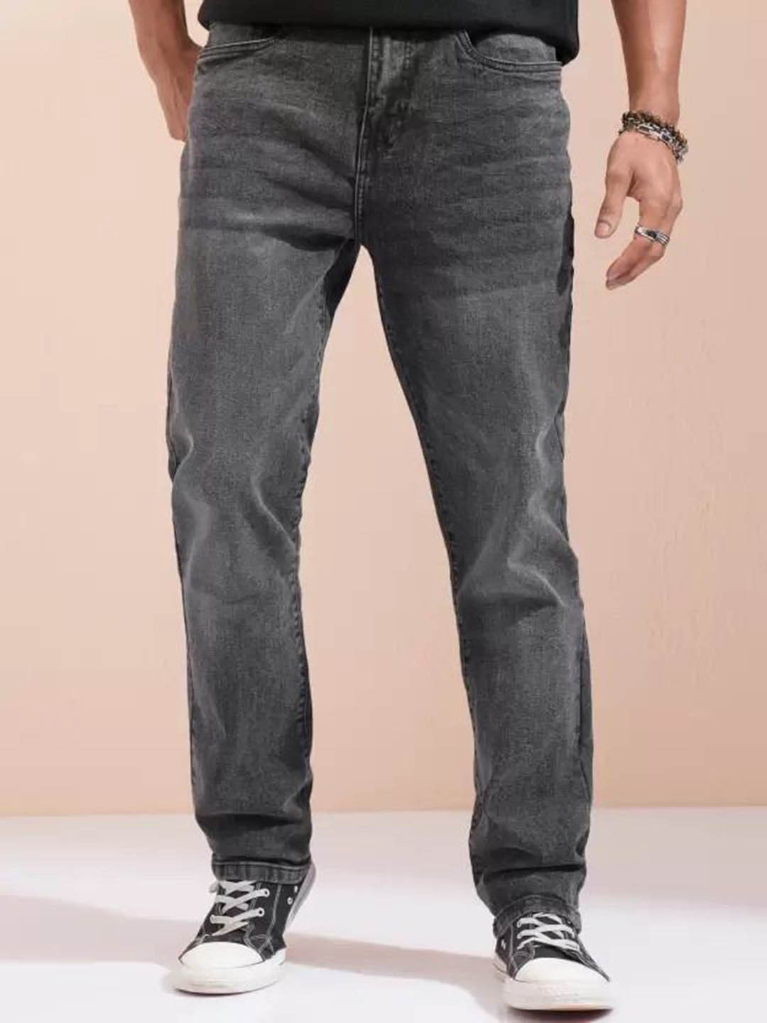 Playfeel Men Mid-Rise Grey Light Fade Jeans