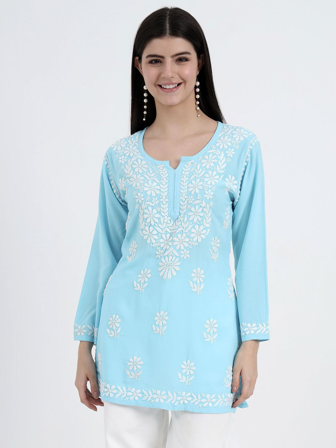 The Chikan Label Sky Blue Ruzina Ethnic Motifs Chikankari Short Kurti