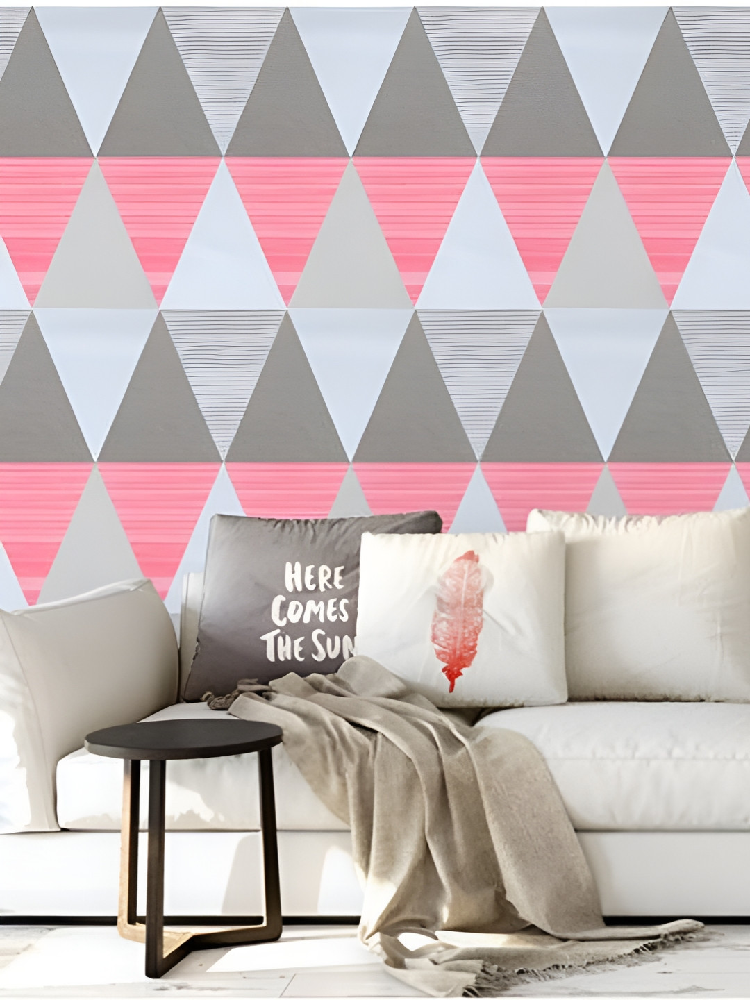 INDIAN ROYALS Pink & Grey Printed Triangles Design Waterproof Wall Sticker
