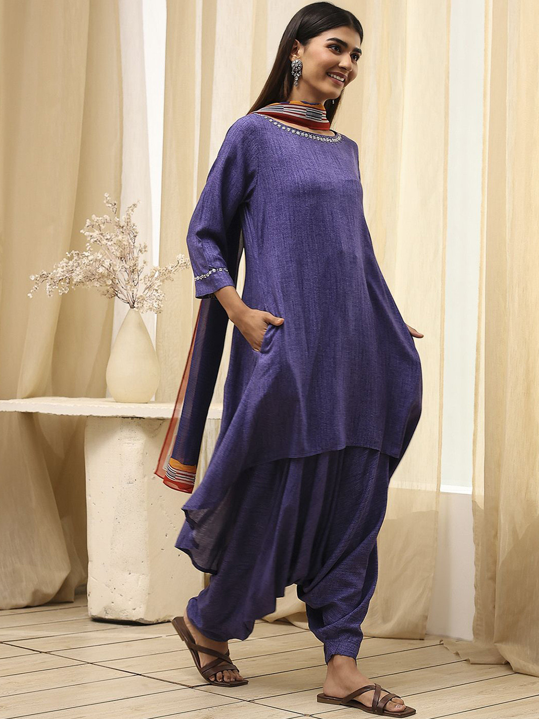 Biba Round Neck A-Line Kurta With Palazzos & Salwar