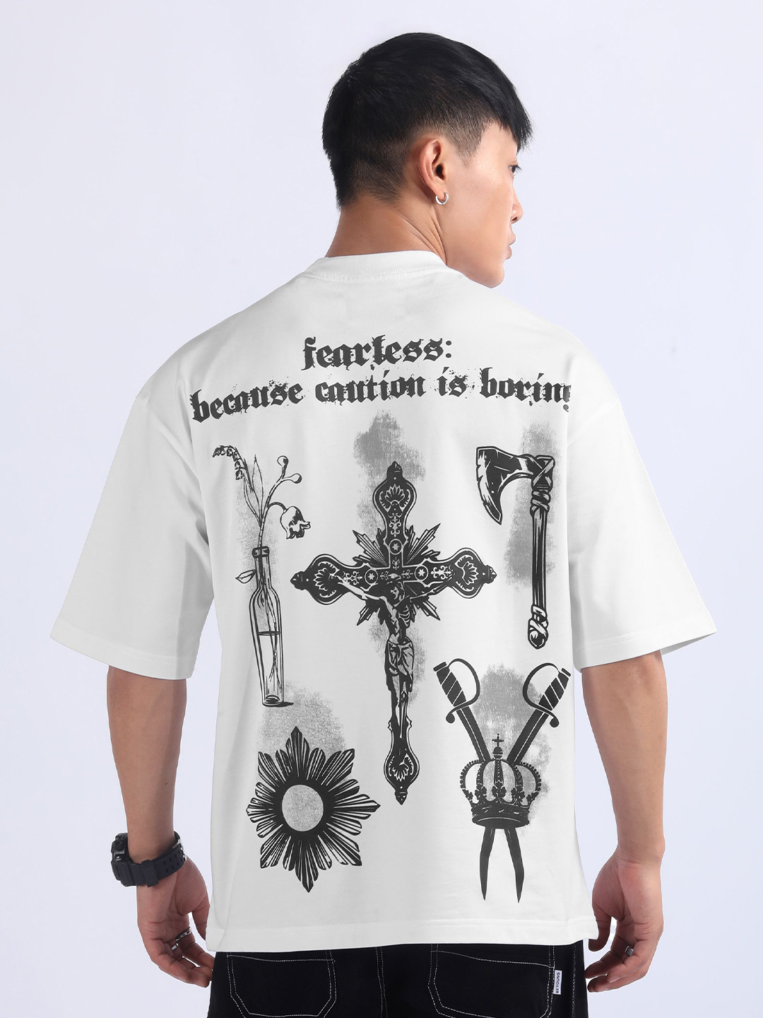 Beyoung Spray Print Gothic Typography Printed Cotton Oversized T-shirt