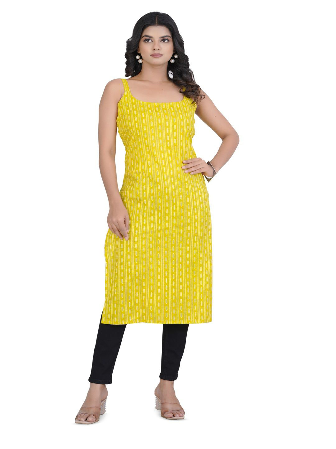 LABEL ADRIJA Women Pure Cotton Straight Sleeveless Square Neck Floral Print Kurtas