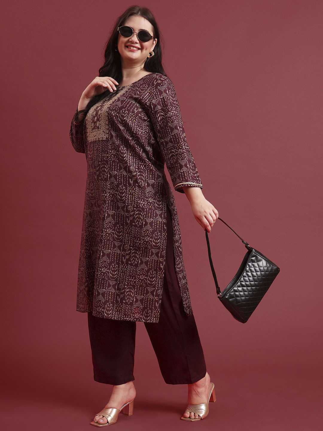 Aspriya Floral Printed Round Neck Thread Work Chanderi Silk Plus Size Kurta