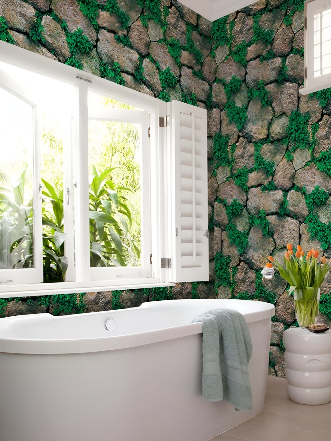 INDIAN ROYALS Green & Brown Printed Stone Peel and Stick Waterproof Wallpaper