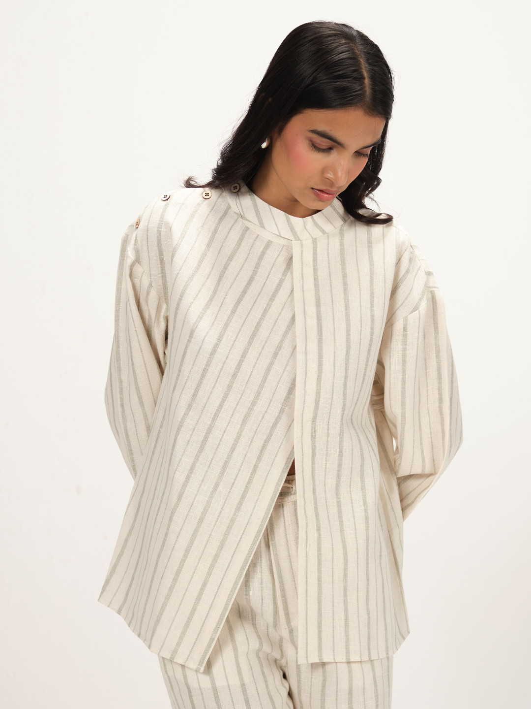 Shop Staple Linen Striped Band Collar with Front Slit Top