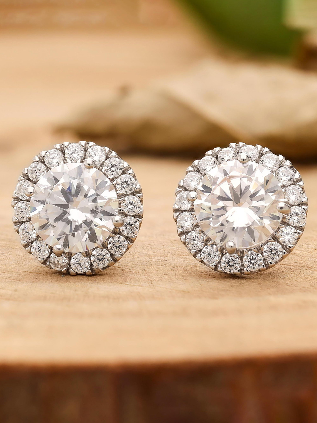 AMONROO 92.5 Silver Rhodium-Plated Cubic Zirconia Halo Style Contemporary Studs Earrings