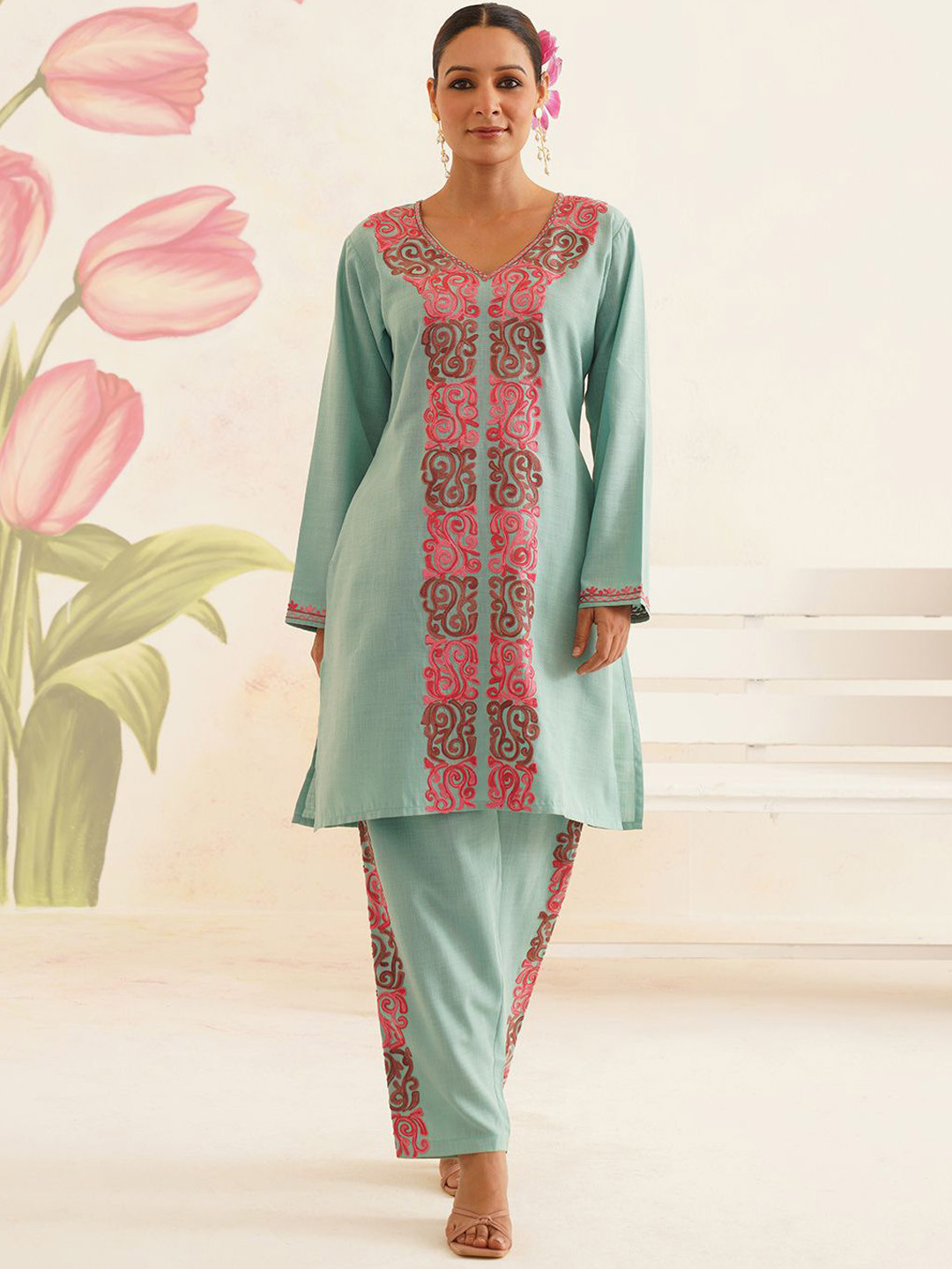 Kashmir Box Kashmiri Floral Embroidery Sea Green Cotton Co-Ord Set