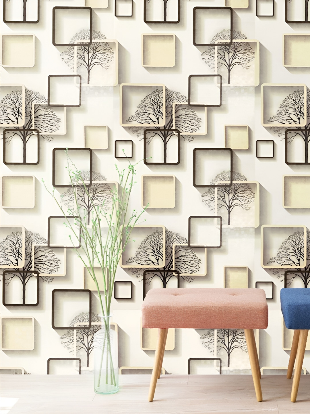 INDIAN ROYALS Cream & Grey  Geometric Printed Self-Adhesive & Durable Wall Sticker