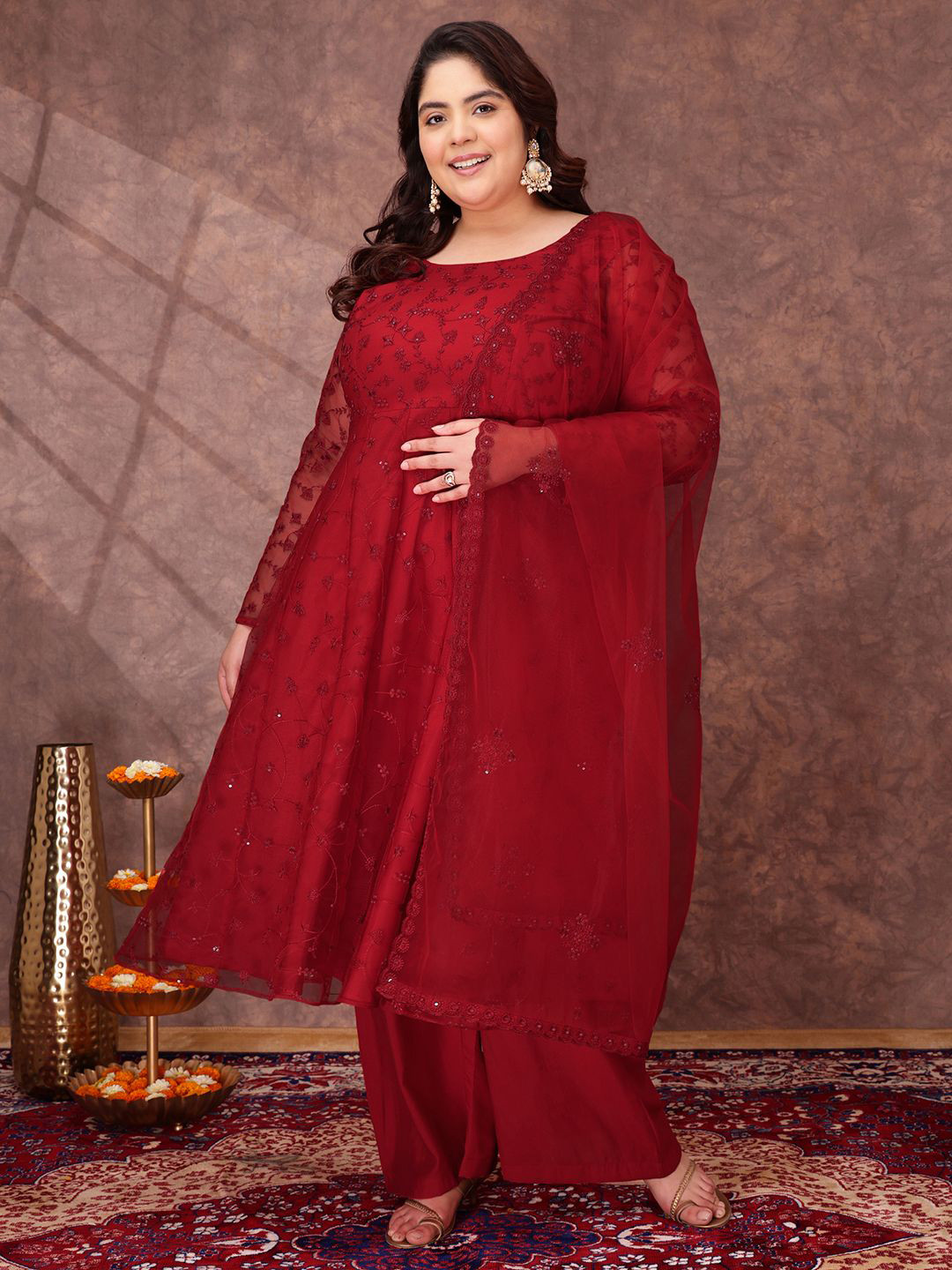 INDDUS PLUS Women Floral Embroidered Thread Work Kurta with Palazzos & Dupatta