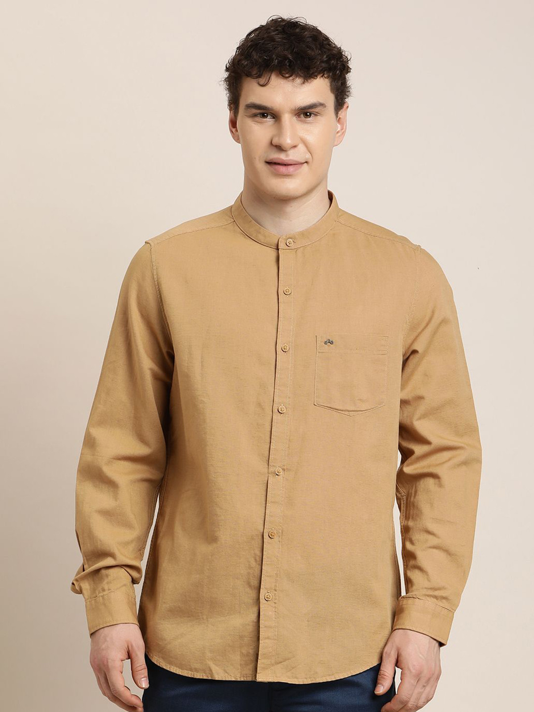 Turtle Relaxed Band Collar Cotton Linen Slim Fit Casual Shirt