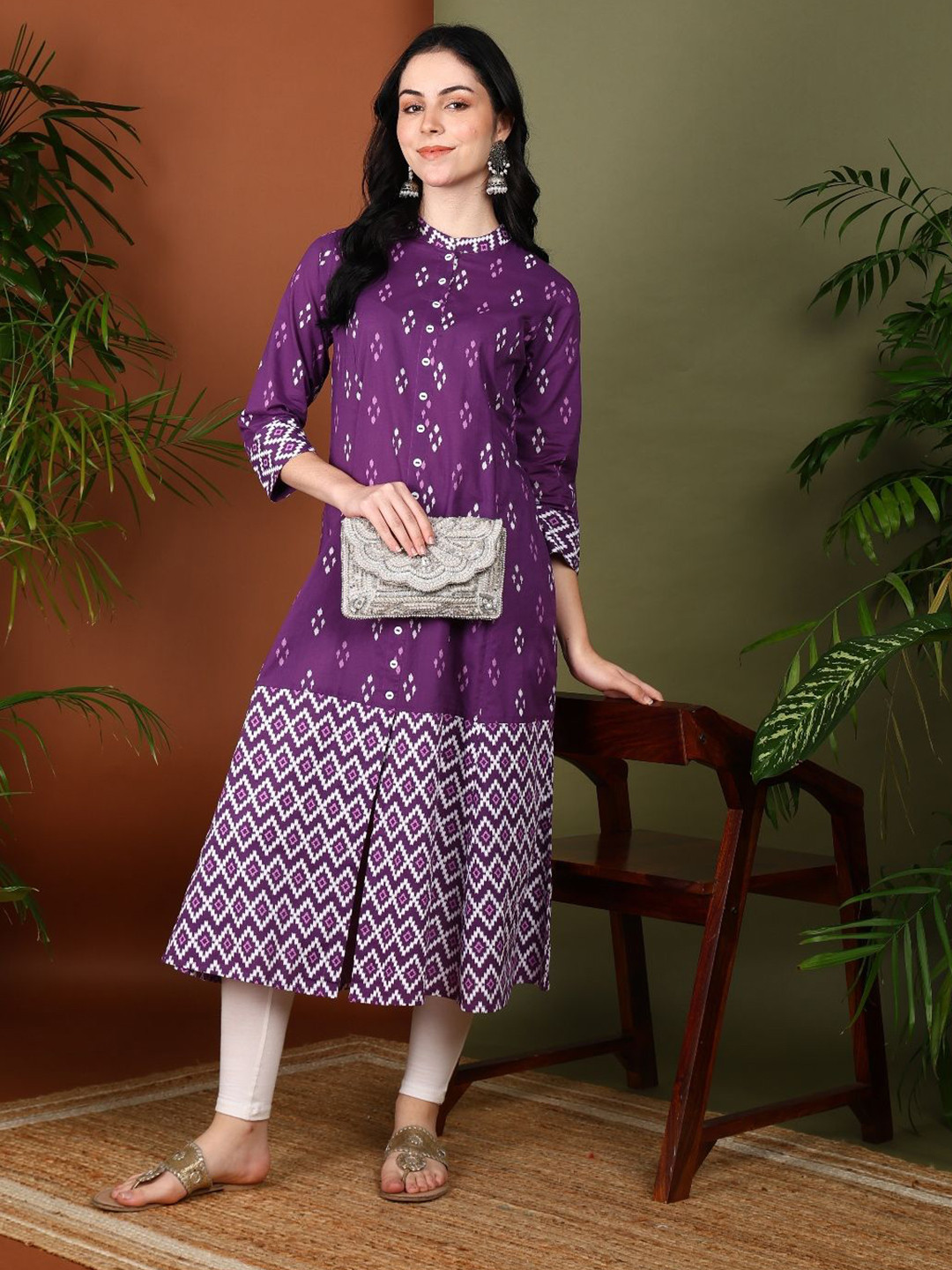 YASH GALLERY Geometric Printed Mandarin Collar A-Line Kurta
