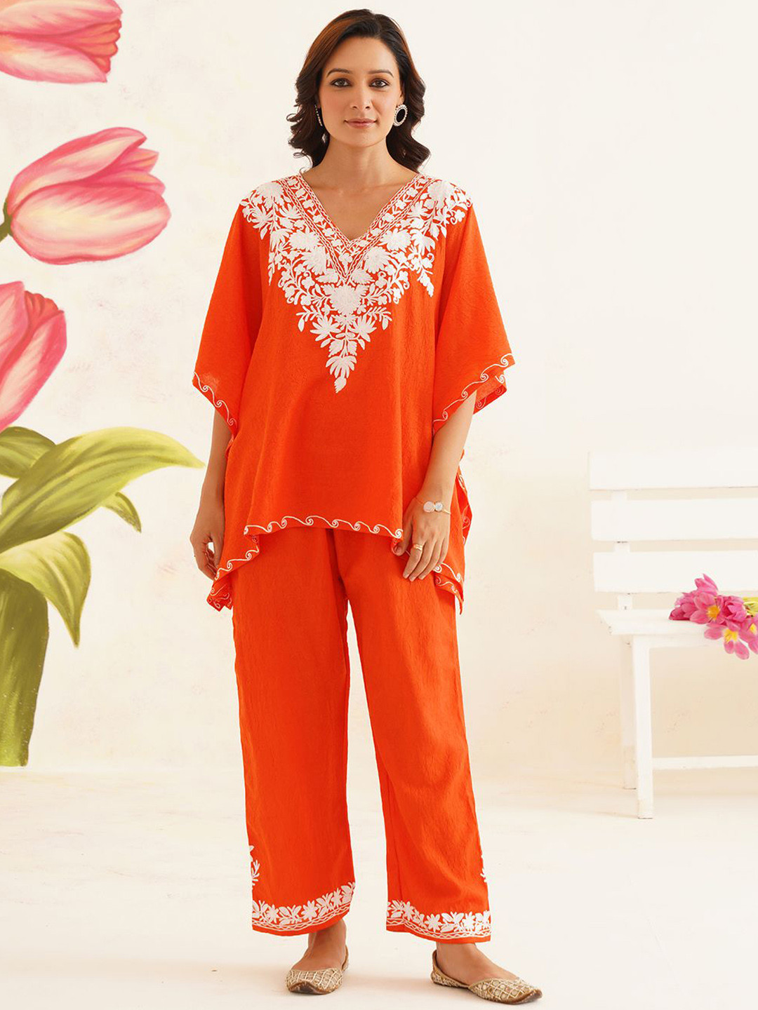 Kashmir Box Kashmiri Aari Embroidery Orange Cotton Kaftan Co-Ord Set