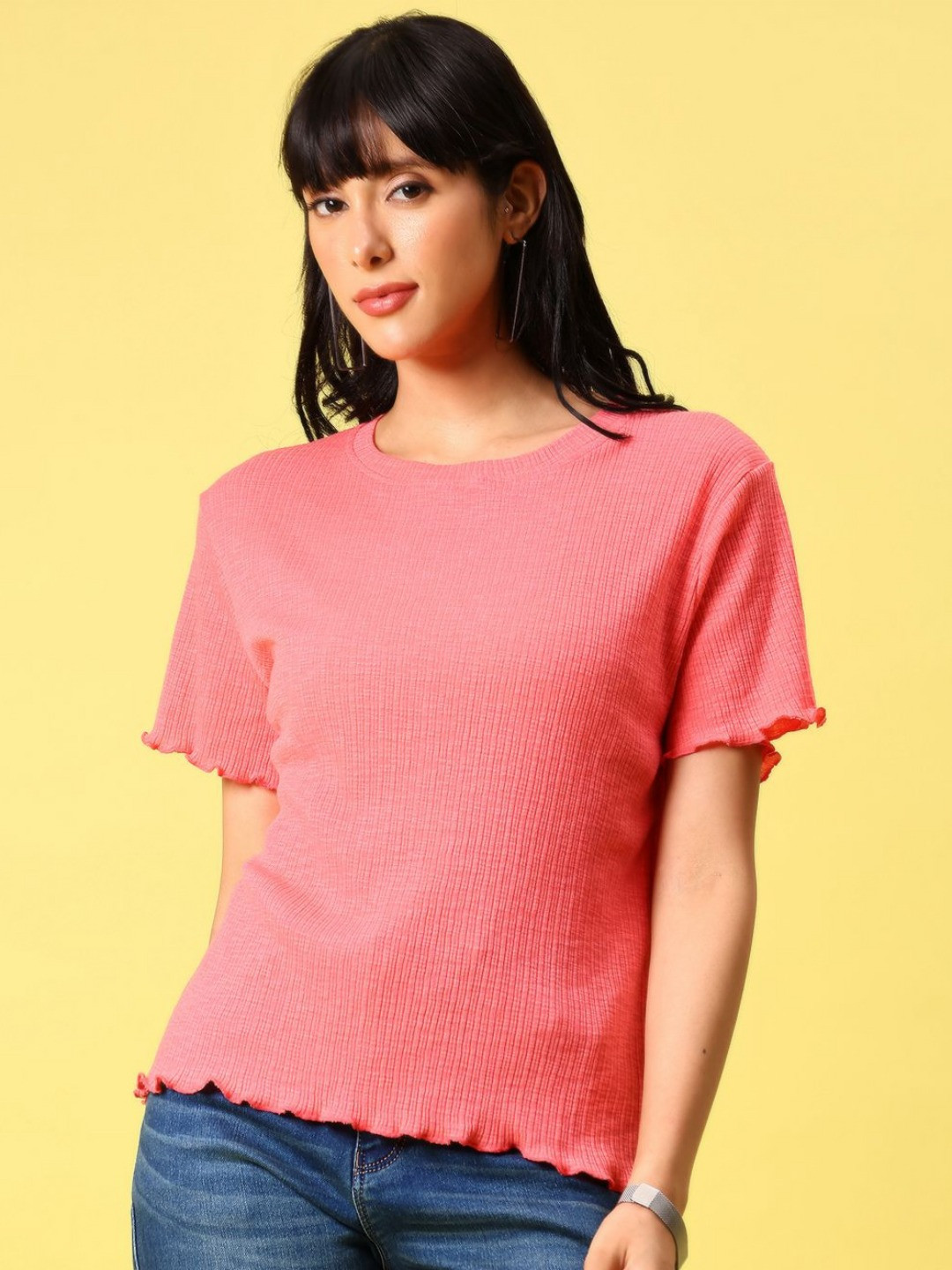 V-Mart Self Design Rib Round Neck Regular Fit T-shirt