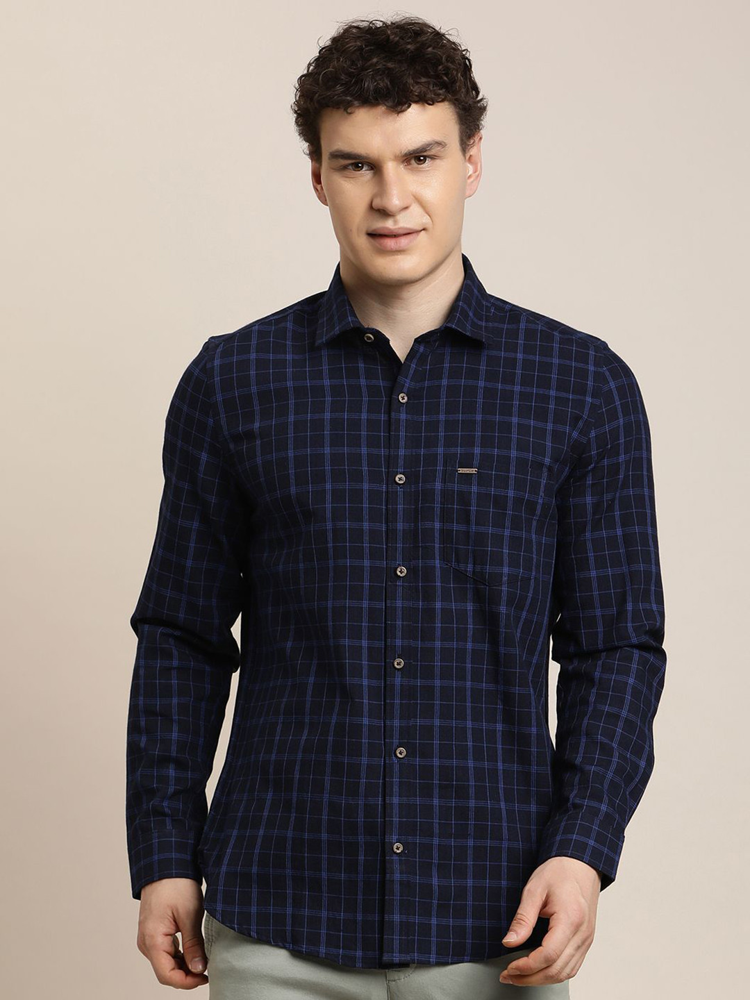 Turtle Relaxed Slim Fit Tartan Checks Printed Khadi Casual Opaque Shirt