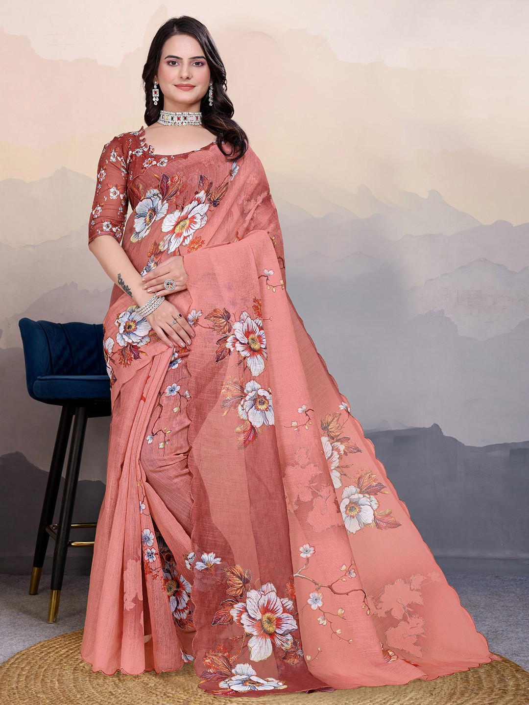 Sadika Floral Aari Work Linen Blend Arani Saree