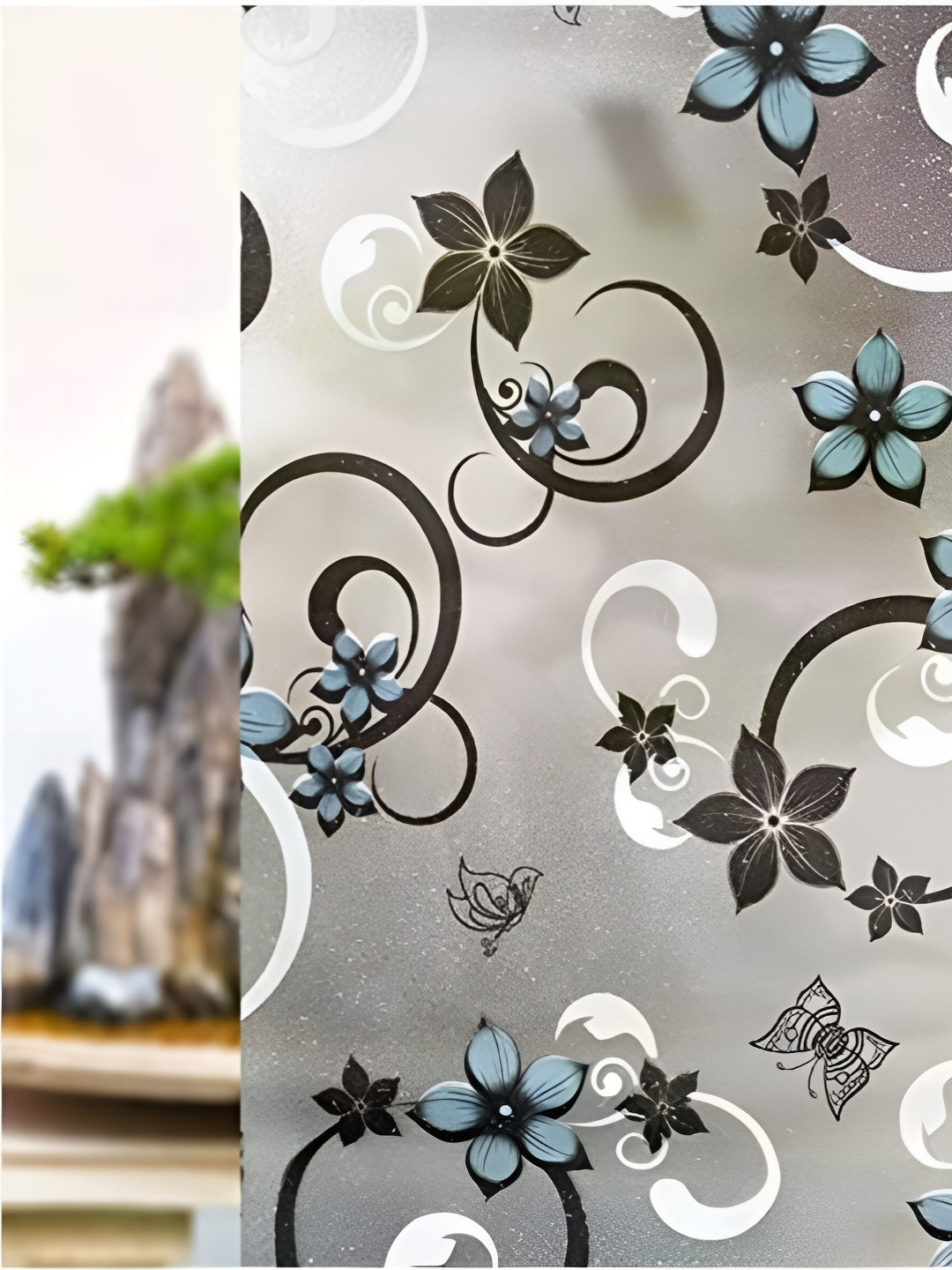 INDIAN ROYALS Grey & Black Flower Printed Self-Adhesive & Durable Window Sticker