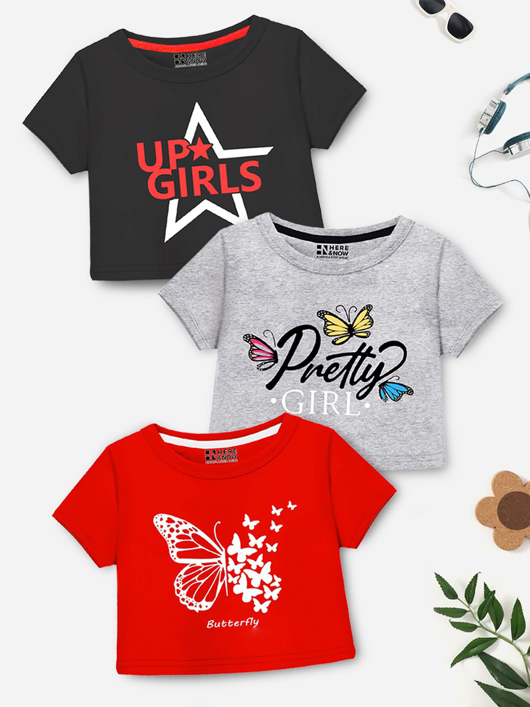 HERE&NOW Kids-Girls Graphic Print Crop Top Pack of 3