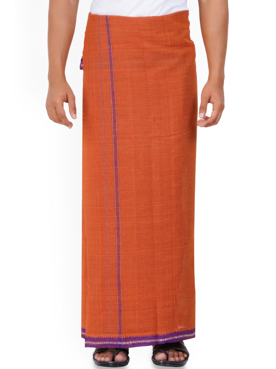 Ethazh Men Kavi Cotton Blend Solid 1 Inch Border Single Layer Dhoti