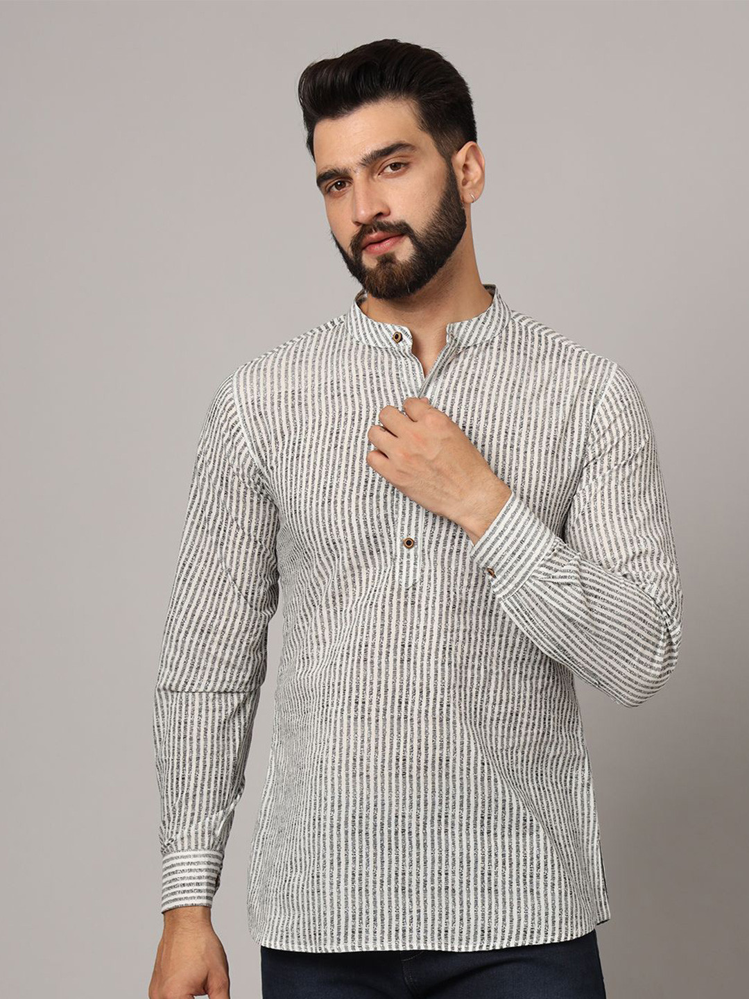 JAPER KURTI Striped Band Collar Pure Cotton Short Kurta