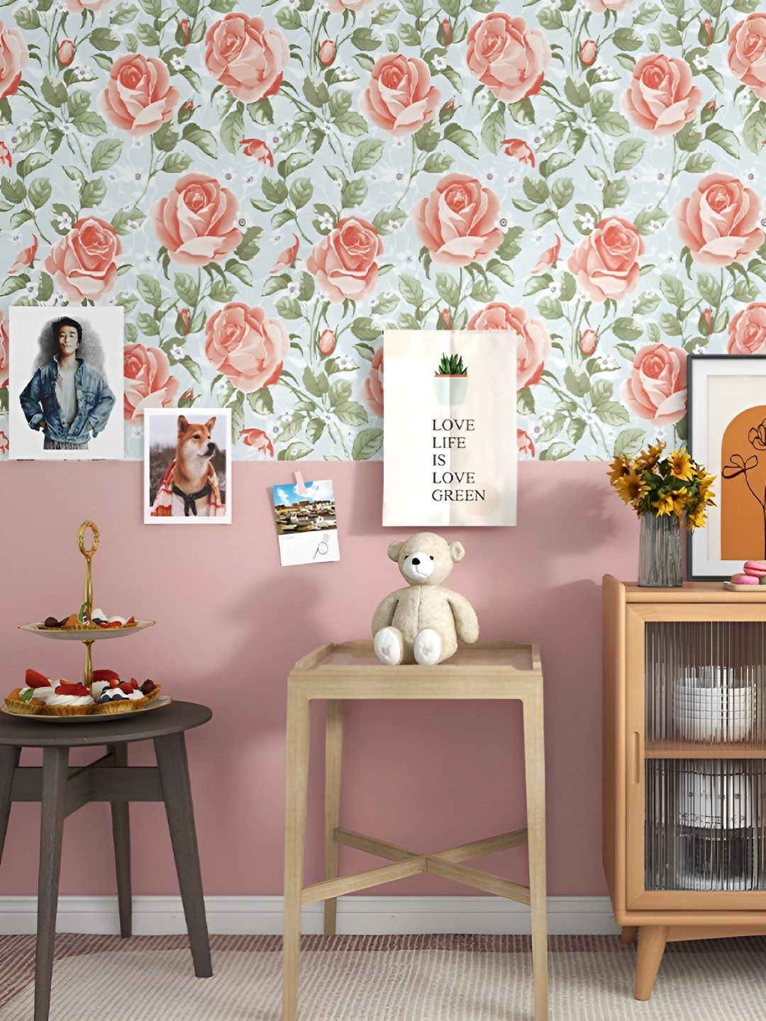 INDIAN ROYALS White & Pink Rose Design Printed Self-Adhesive & Durable Wall Sticker