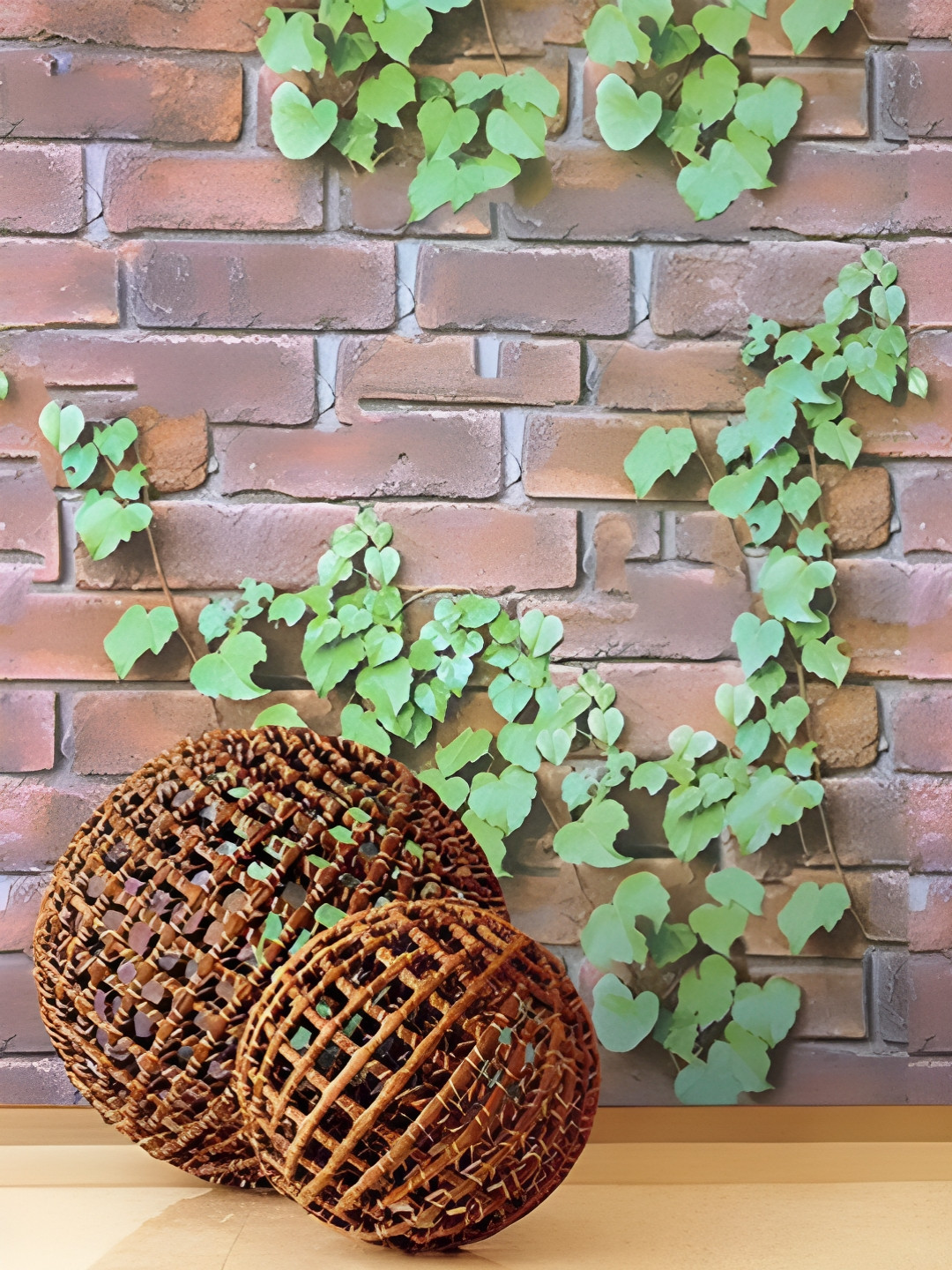 INDIAN ROYALS Brown & Green Printed Brick With Leaves Design Waterproof Wall Sticker