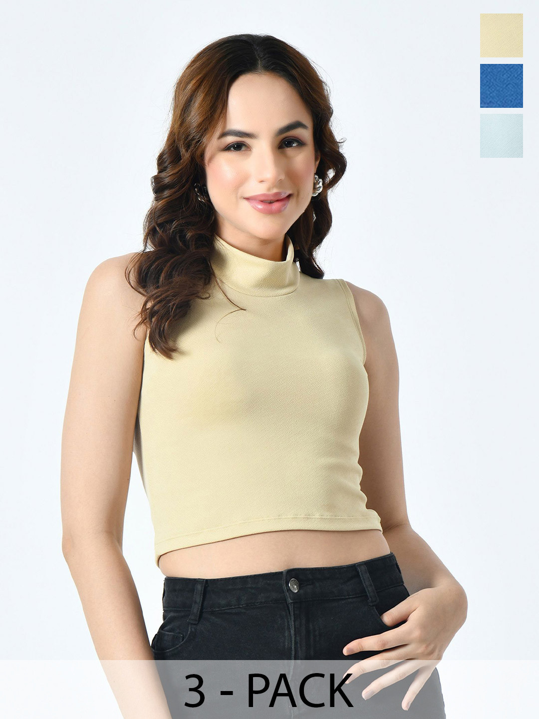 BAESD Women Pack Of 3 Self Design High Neck Fitted Crop Top