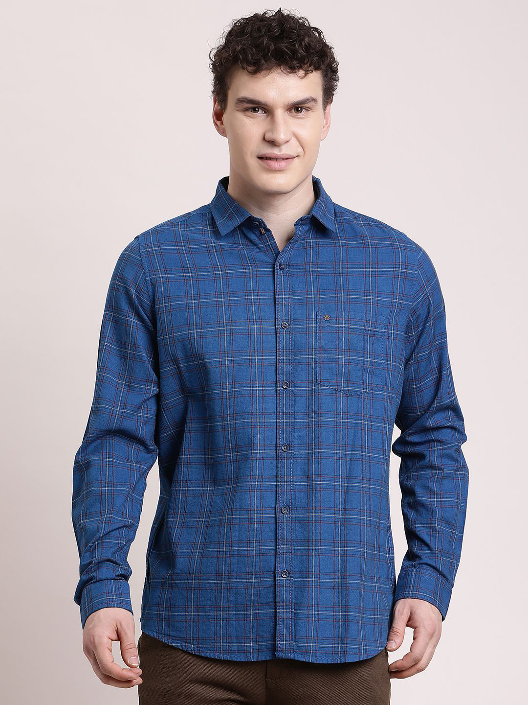 Turtle Relaxed Checked Spread Collar Slim Fit Pure Cotton Shirt