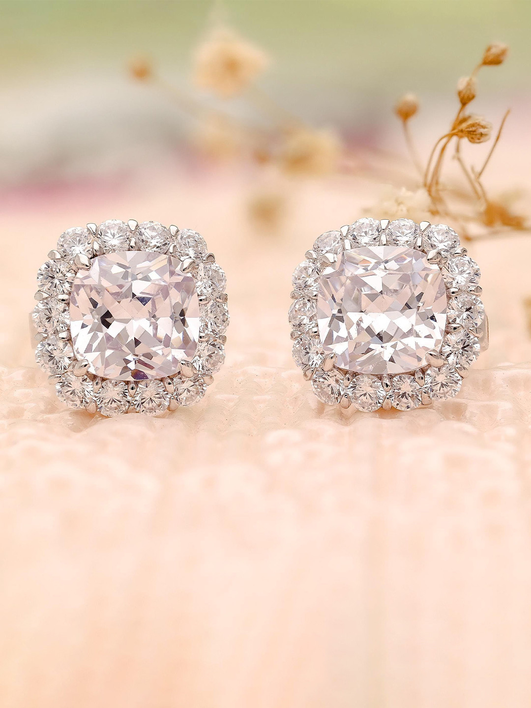 AMONROO 92.5 Silver Cushion Cut Cubic Zirconia Halo Square Studs Earrings